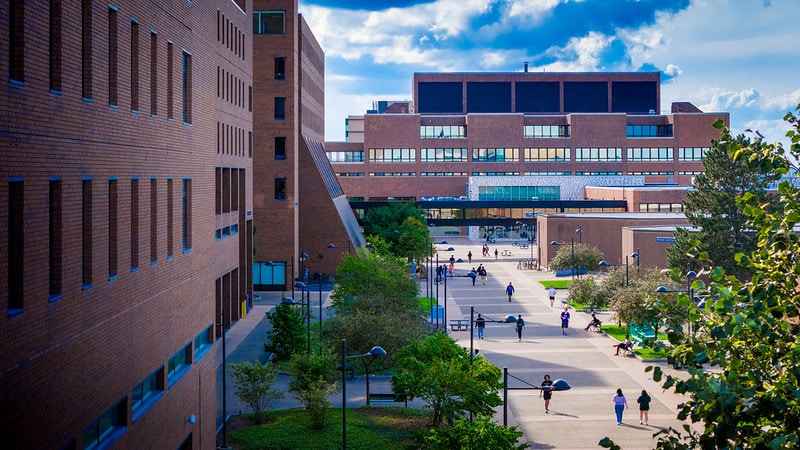 Exterior aerial image of University of Buffalo North Campus in the fall taken in September 2023.